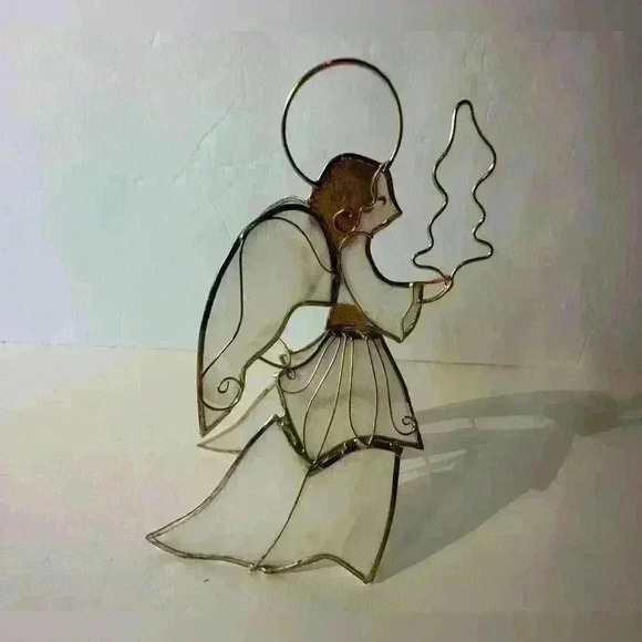 Vintage Capiz Shell Gold Metal Angel With Tree Christmas Ornament 5” - Picture 6 of 7